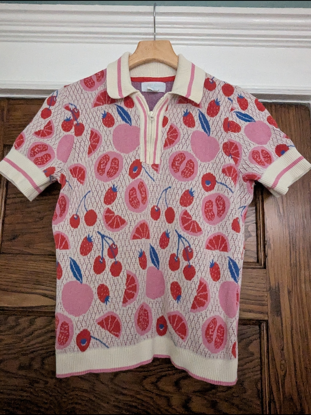 Cynthia Rowley 100% Cotton Fruit Print Knit Polo Shirt Quarter Zip,Large